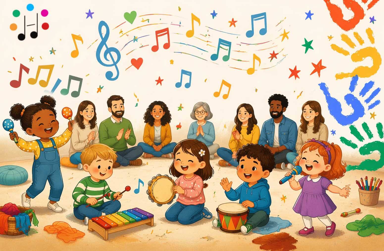 Peuters en ouders op les bij Muziekvereniging Harmonie: samen zingen, dansen en swingen