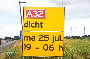A32 van afslag Sneek tot Heerenveen nacht lang dicht